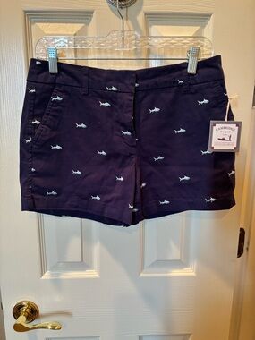 Cambridge Dry Goods Navy Shark-Print Women’s Shorts with Light Blue Embroidery